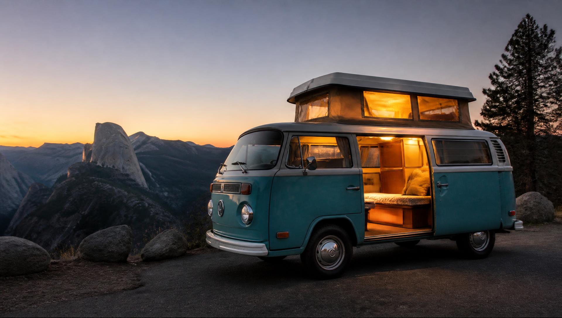 A campervan parked at a mountain viewpoint at dusk